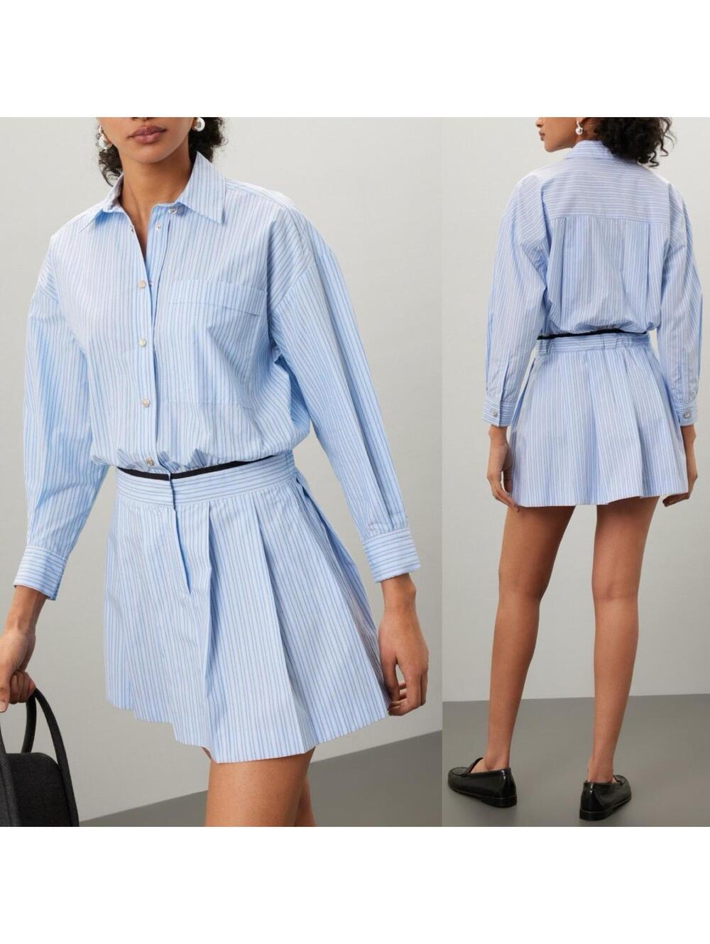 MAJE Striped 100% Cotton Shirt Mini Dress w/ Pleated Skirt Size 38 (US 6) *FLAW